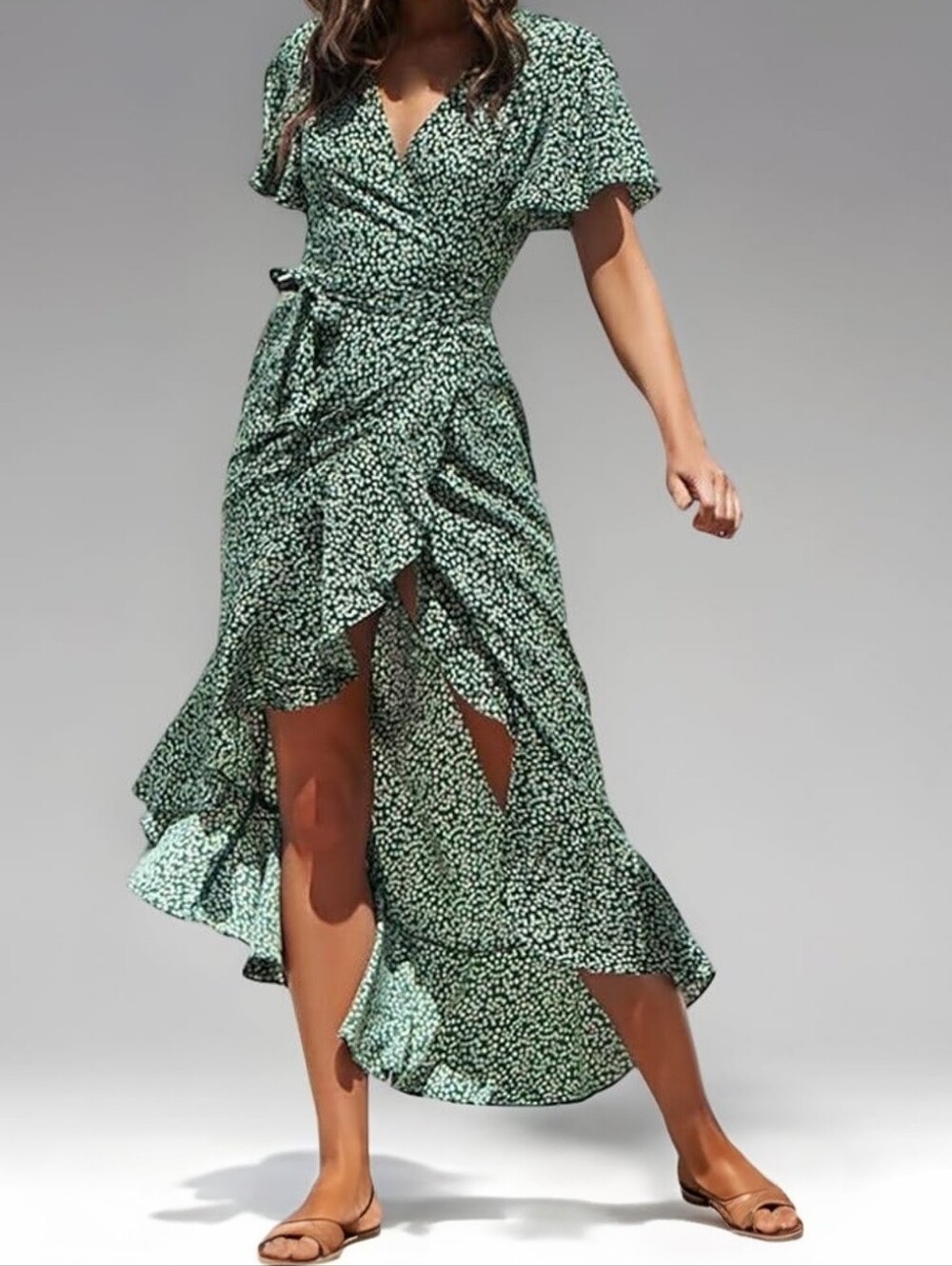 NWT Cupshe Women's Green Dot Wrap Dress Flared Sleeve V-Neck Beach Dress XL